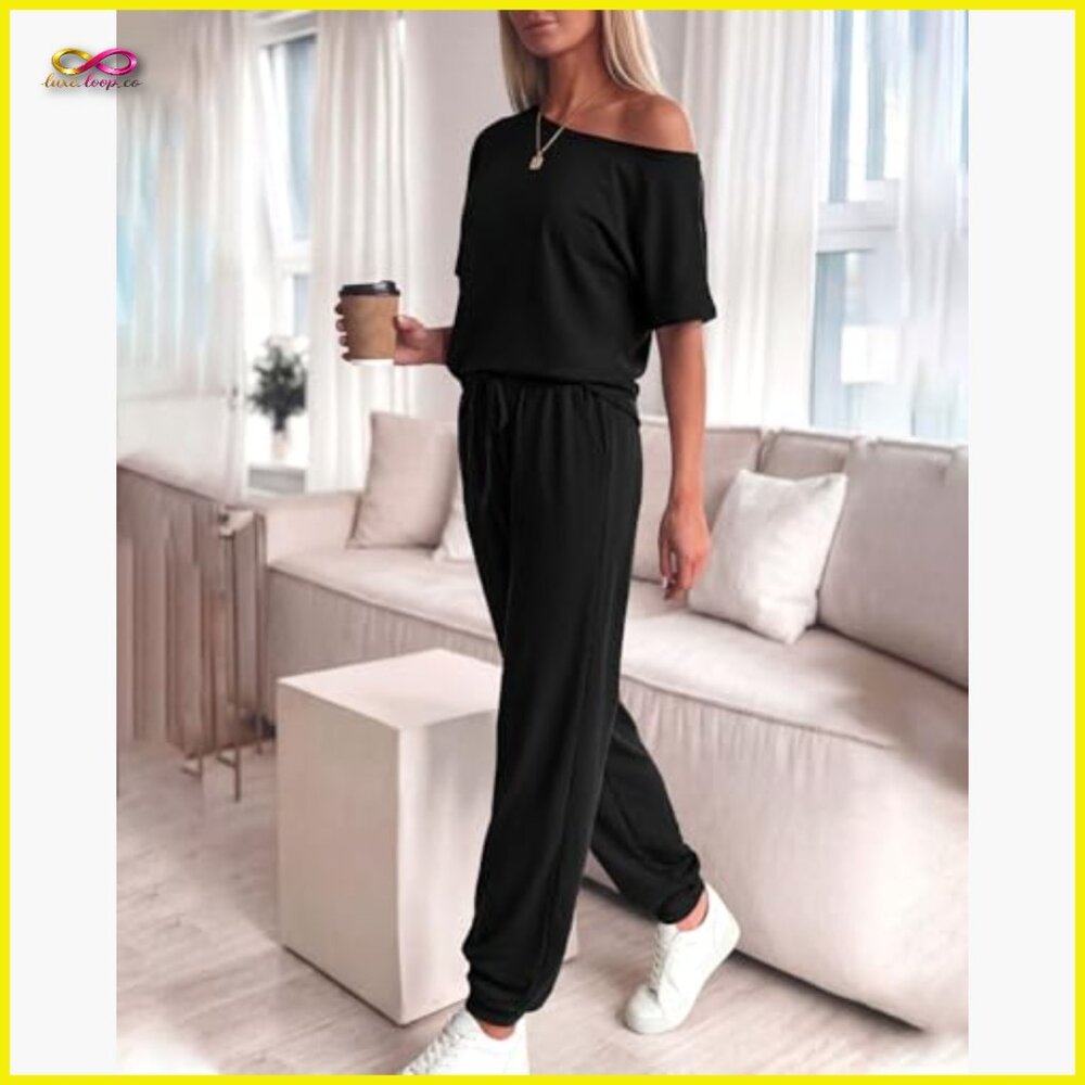 Off Shoulder Tracksuit Set Loose Fit Elastic Waist Drawstring Pants Summer - Picture 3 of 7